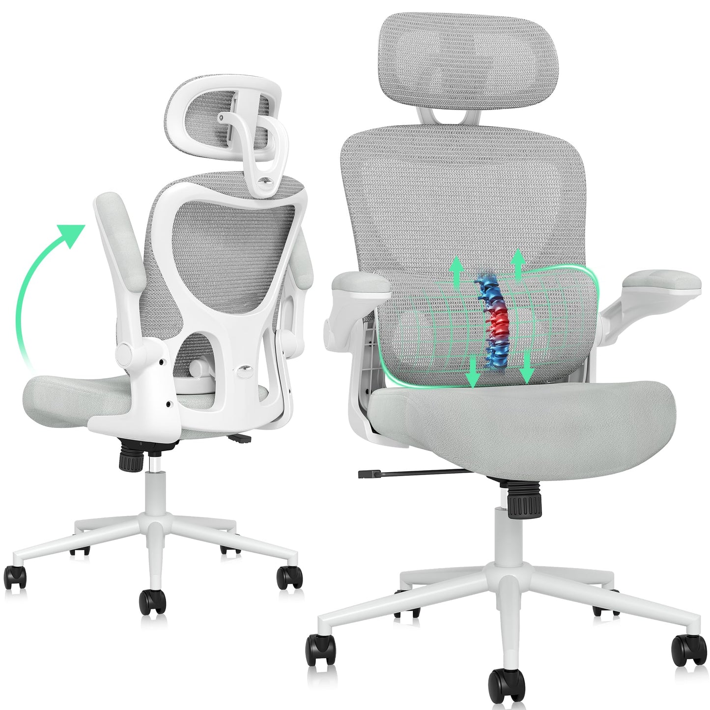 SUNNOW Ergonomic Office Chair, Comfy Mesh Desk Chair, High Back Computer Gaming Chairs with Adjustable Lumbar Support, Flip-Up Arms, Headrest, Tilt Function, Wide Cushion, Swivel Rolling Wheel (Grey)