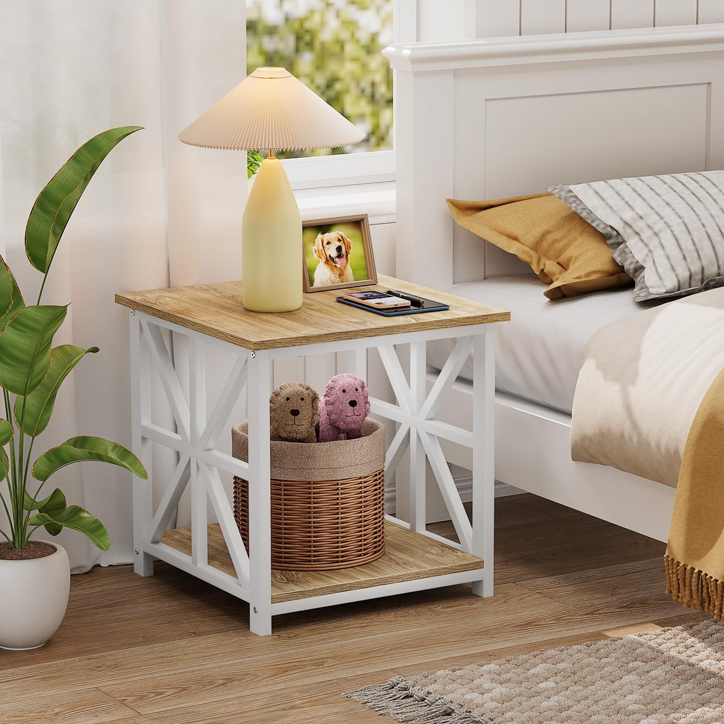 GreenForest End Table with 2-Tier Storage Shelf, 24 inch Large Side Table for Living Room, Modern Nightstand for Bedroom Bedside Office Farmhouse, Oak