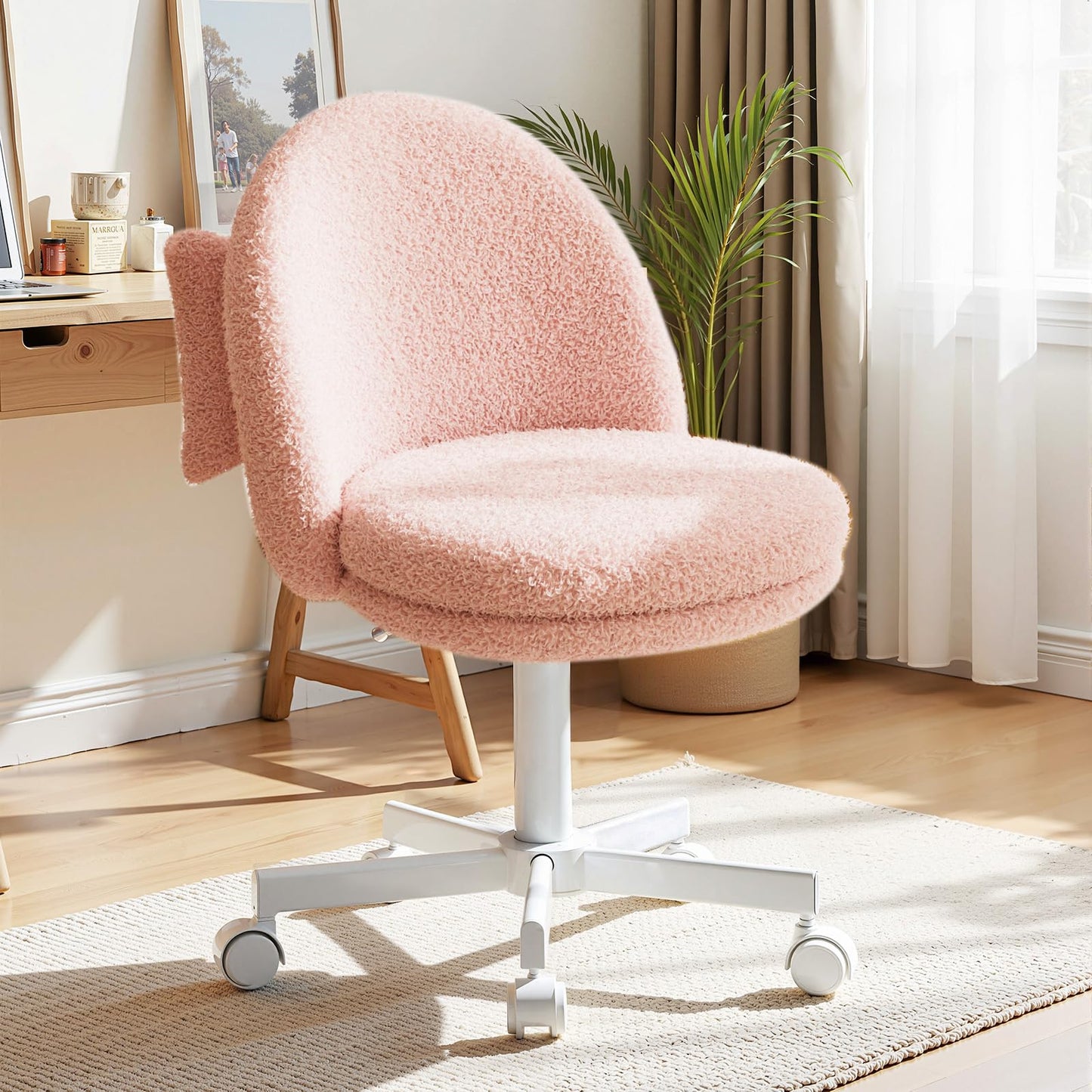GTPLAYER Velvet Tall Office Chair with Wheels Vanity Chairs with Back, Versatile Height Use: Office to Bar Stools Small Ergonomic Comfy Armlees Computer Desk Chair with Bow Lumbar Pillow for Gift