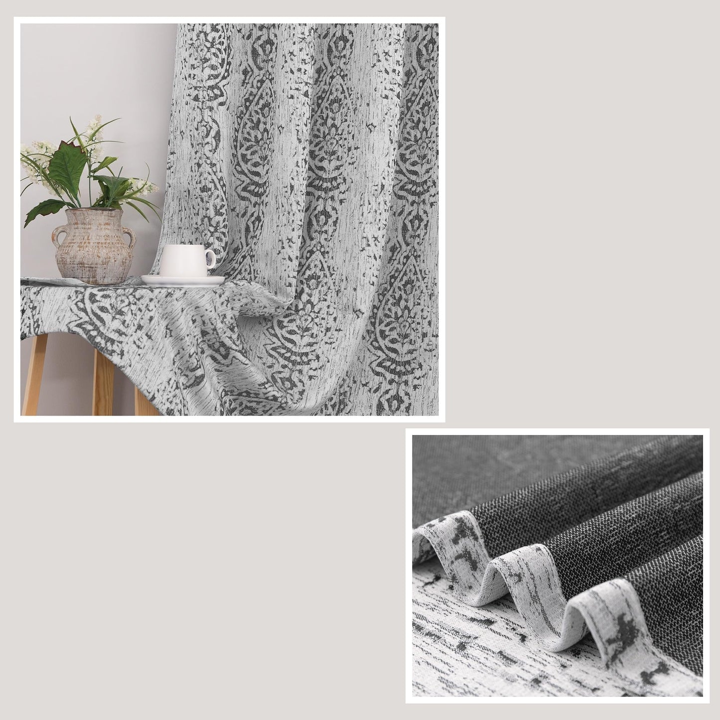 Mrs.Naturall 108 Inch 9FT Farmhouse Room Darkening Curtains, Damask Jacquard Luxury Grommet Drapes for Living Room Bedroom, 2 Panels Set, 9 FT Length 52'' L x 108'' W, Grey and White