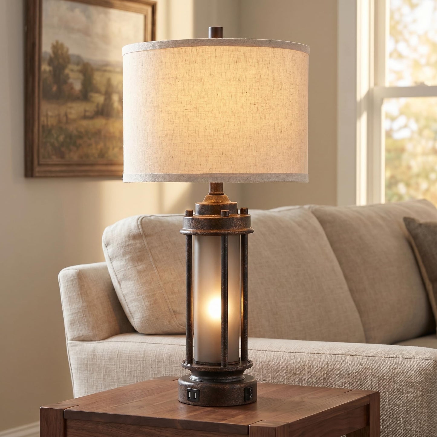 AIEAMPDO 25" Farmhouse Lamps for Living Room with 2 USB C+A Ports