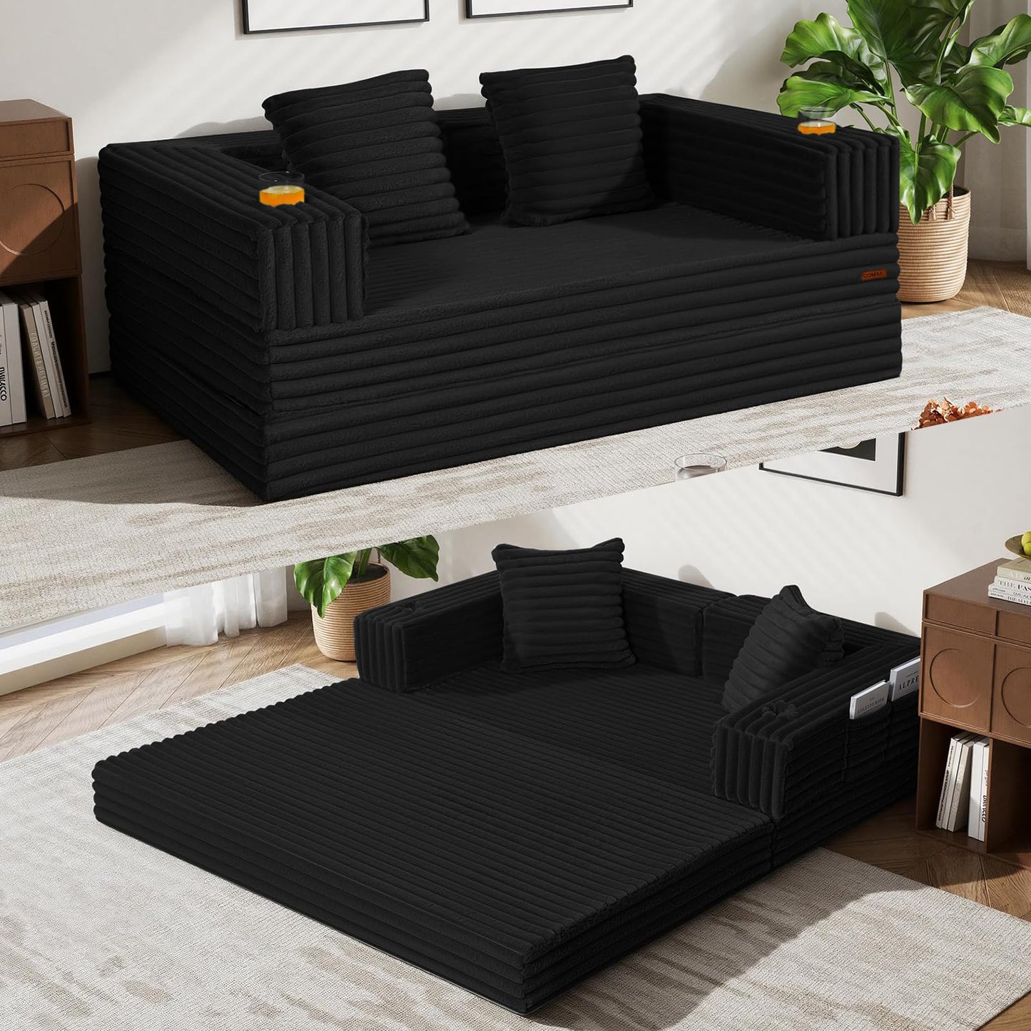 COMAX Futon Sofa Bed, 4‑in‑1 Convertible Sofa Bed, Boneless Couches for Living Room, Fold Out Small Foldable Loveseat Space‑Saving, Jet Black