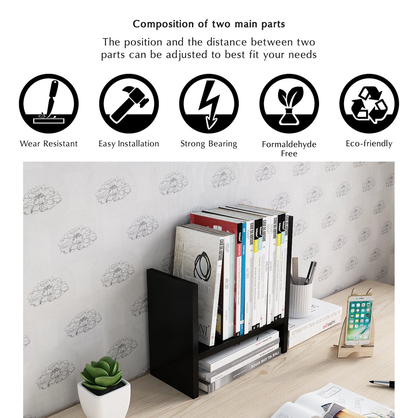 Jerry & Maggie Desktop Organizer Office Storage Rack Adjustable Wood Display Shelf Free Style Double H, Multi-Functional Mini Bookshelf for Desk Natural Stand (Black)