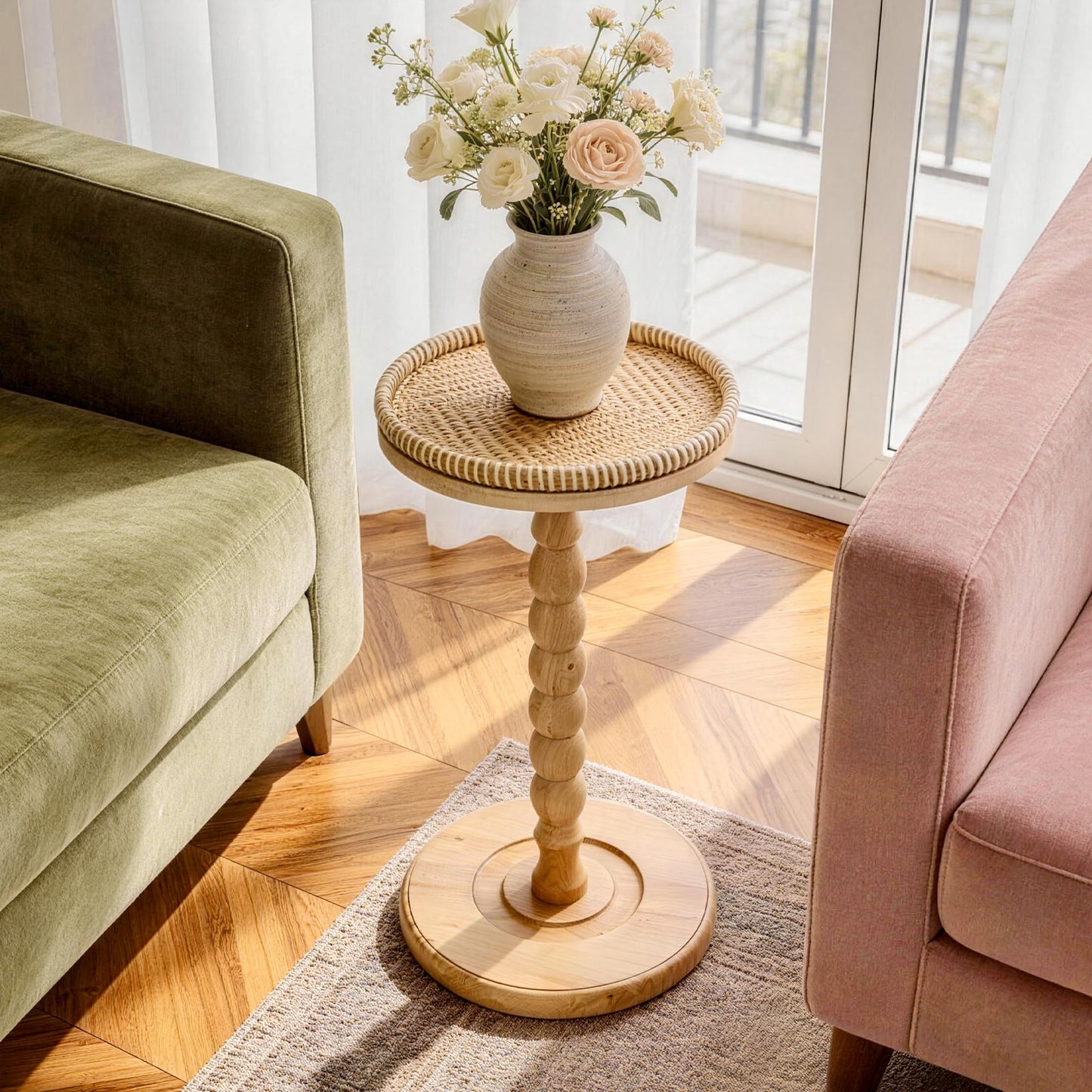 2 Pack Rattan Round Side Table, Rubberwood‌ Small Drink Table for Small Spaces, Solid Wood Pedestal Coffee Tables, End Tables for Living Room, Sofa Couch, Bedroom, Corners, and Outdoor (Natural)