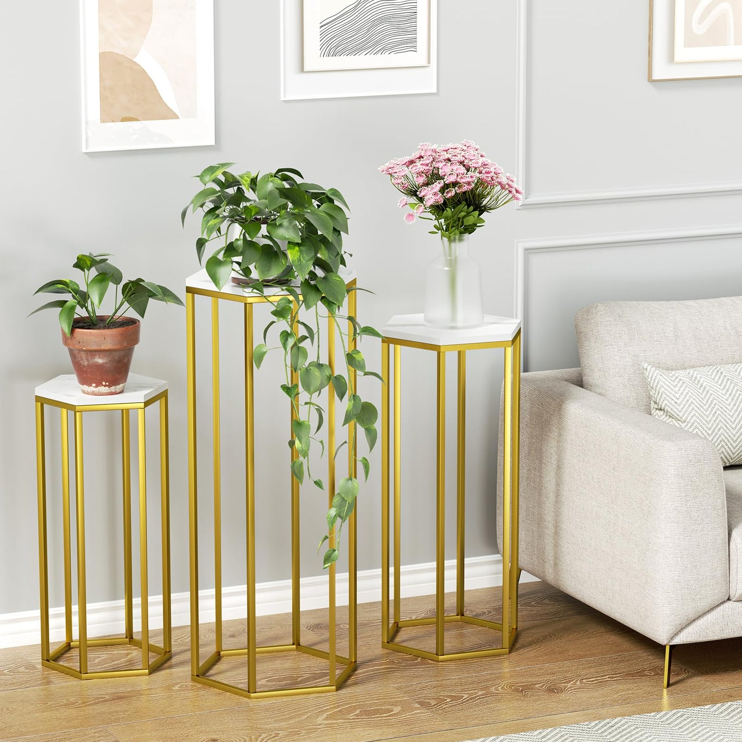 Urban Deco Cylinder Stands for Party, Set of 3 Gold Metal Hexagon Cake Pedestal Stand with Wooden Marbled Countertop, Flower Plant Pedestal Stands for Display Parties Wedding Birthday Decor, 3PCS, Gold