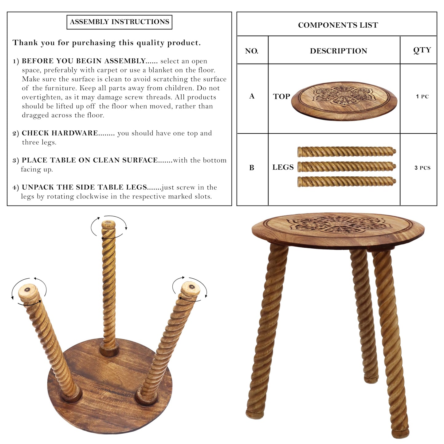 COTTON CRAFT Solid Wood End Table - Hand Carved Accent Table - Global Boho Side Table - Easy to Assemble Round Table - Small Spaces Entryway Living Room Bedside Farmhouse - 18 Inches Round - Natural