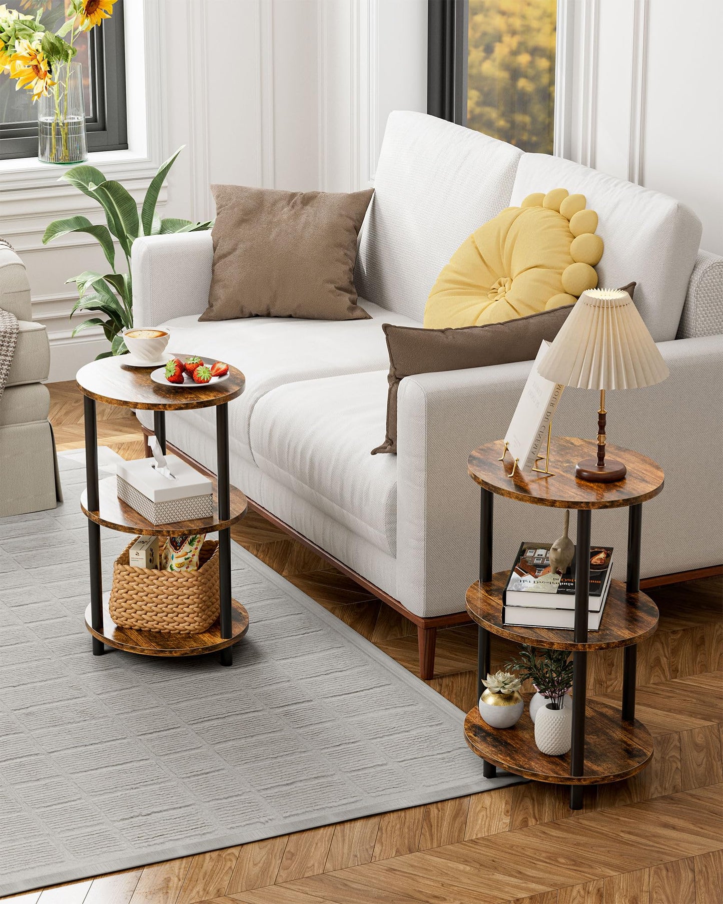 RISWER Round Small Side Table - 3 Tier Oval Accent Table for Small Spaces, Rustic Wood and Metal Couch End Table, Nightstand for Bedroom or End Table Living Room, Easy to Assemble, Rustic Brown