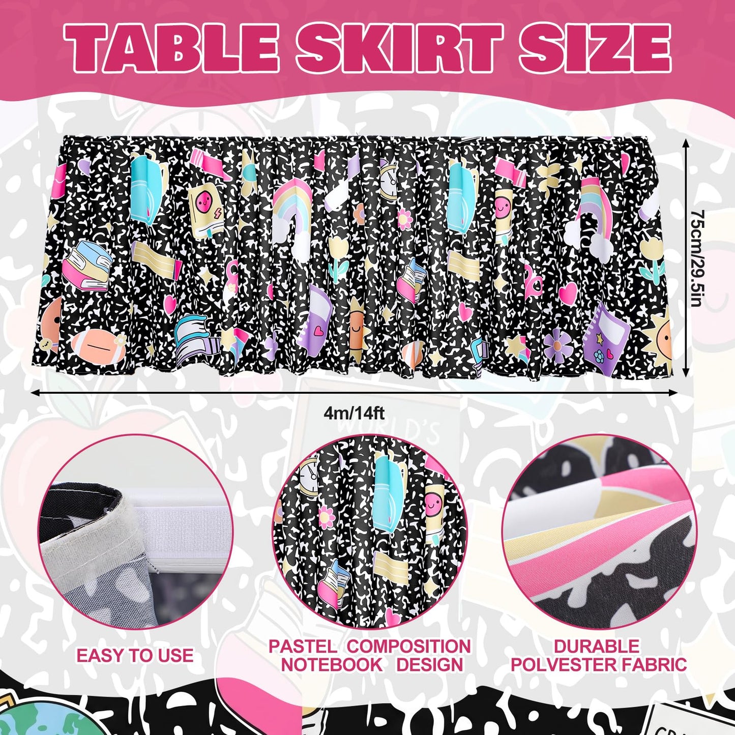 Hahafelt 14FT Teacher Desk Skirt for Back to School Decorations Composition Notebook Classroom Decor Ruffle Table Cover Skirt for Rectangle Round Kidney Desk First Day School Kindergarten Decorations