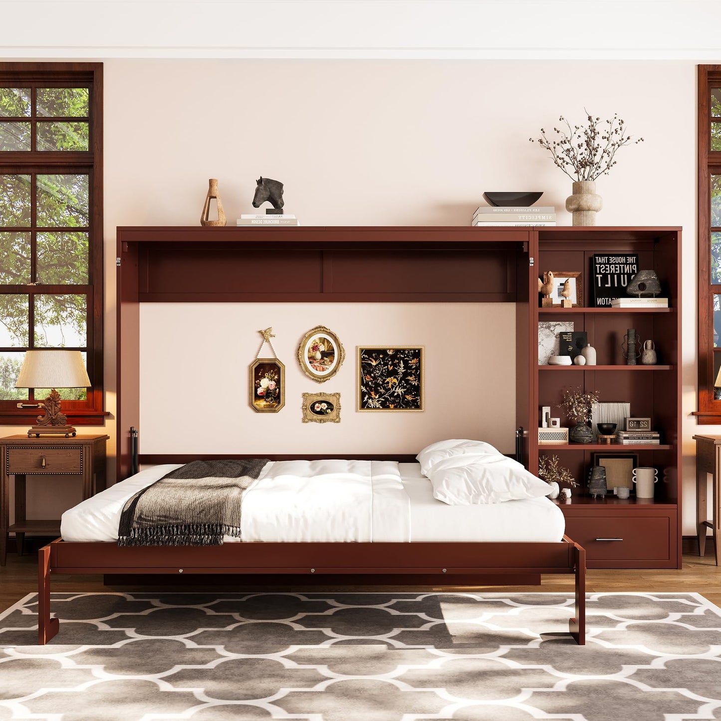 HECATEVIC Queen Size Murphy Bed with Storage, Space-Saving Wall Bed Cabinet with Adjustable Shelves, Foldable Bed Frame with Drawers, Walnut