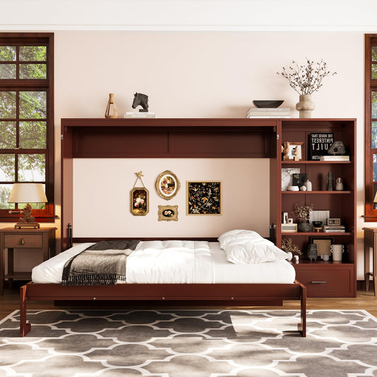 HECATEVIC Queen Size Murphy Bed with Storage, Space-Saving Wall Bed Cabinet with Adjustable Shelves, Foldable Bed Frame with Drawers, Walnut