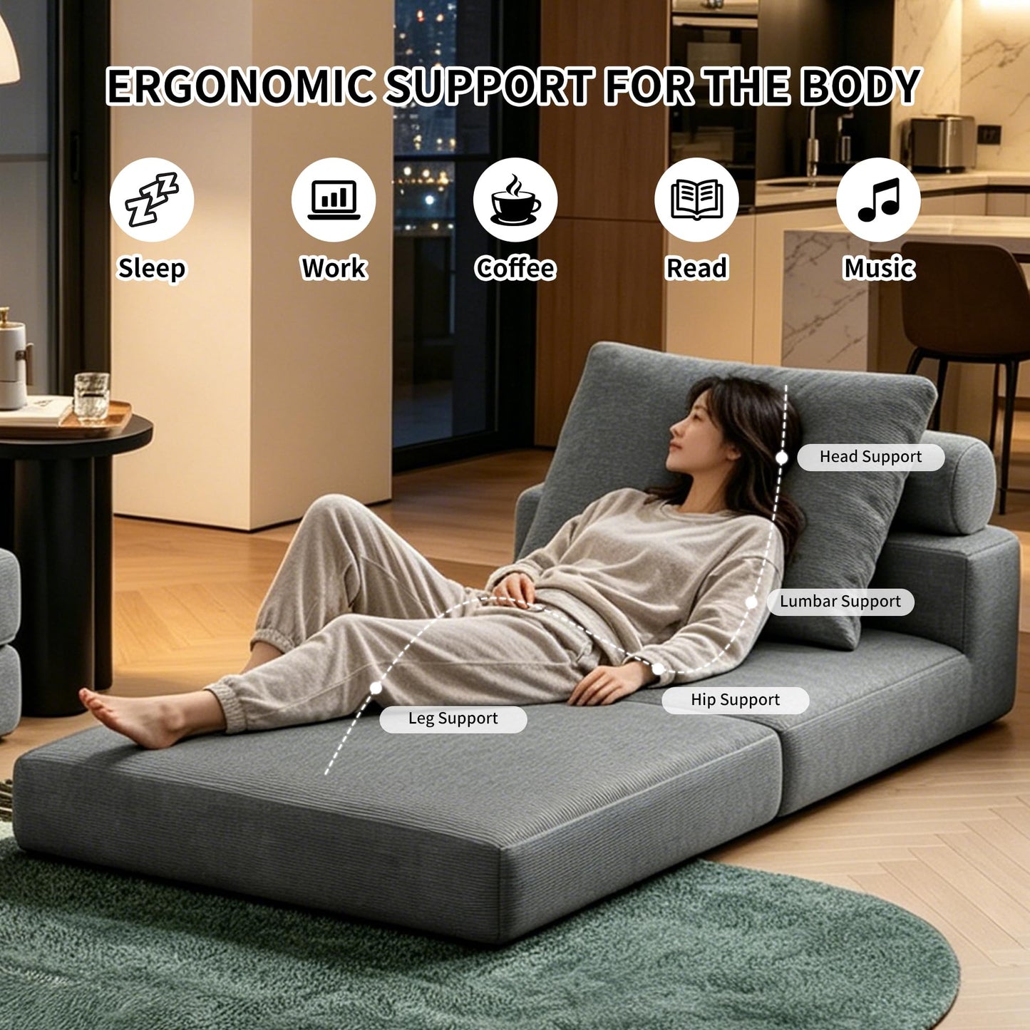Folding Sofa Bed, Convertible Sleeper Chair with Memory Foam, Pillow & Back Support – Boneless Foldable Futon Couch, Floor Mattress Single Size Lounge for Living Room, Guest Room or Home Office
