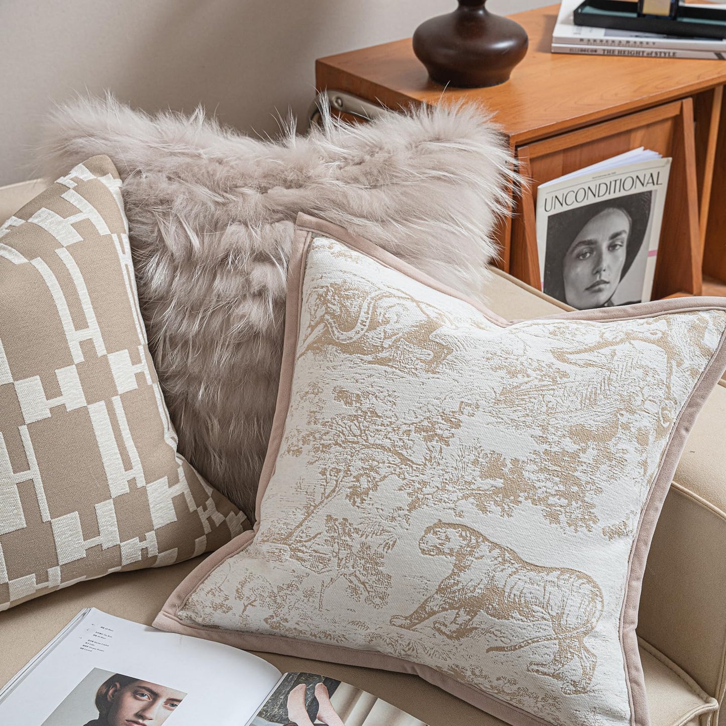 Croker Horse New 20x20'' inches Throw Pillow Cushion Covers - Jungle Pattern with Edge Strip Chenille Jacquard Embroidery Luxury Modern Style Couch Sofa Bed Pillow Cover for Living Room Bedroom