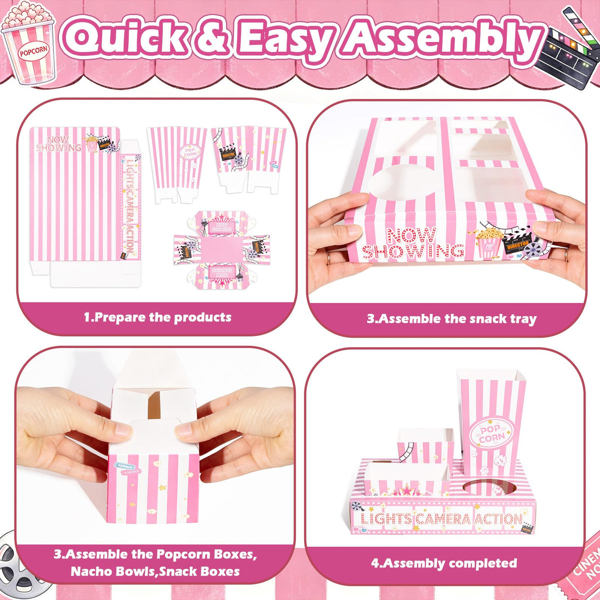 Movie Night Snack Trays, 16 Pcs Movie Night Party Supplies Include Paper Snack Trays Popcorn Holders Snack Boxes for Girls' Night Birthday Party Home Theater- Serve 4