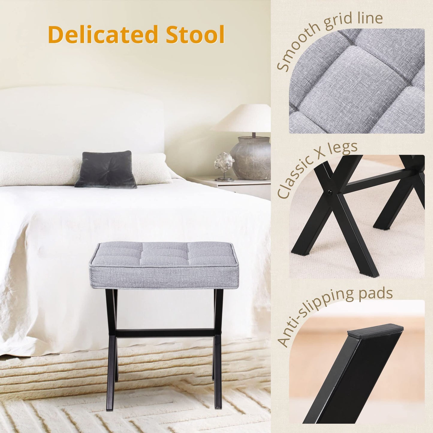 LUE BONA Vanity Stool - Square Linen Makeup Seat With Metal X Legs, Small Ottoman Chair for Makeup Room, Living Room, Bathroom - Modern Padded Foot Rest, Dark Gray