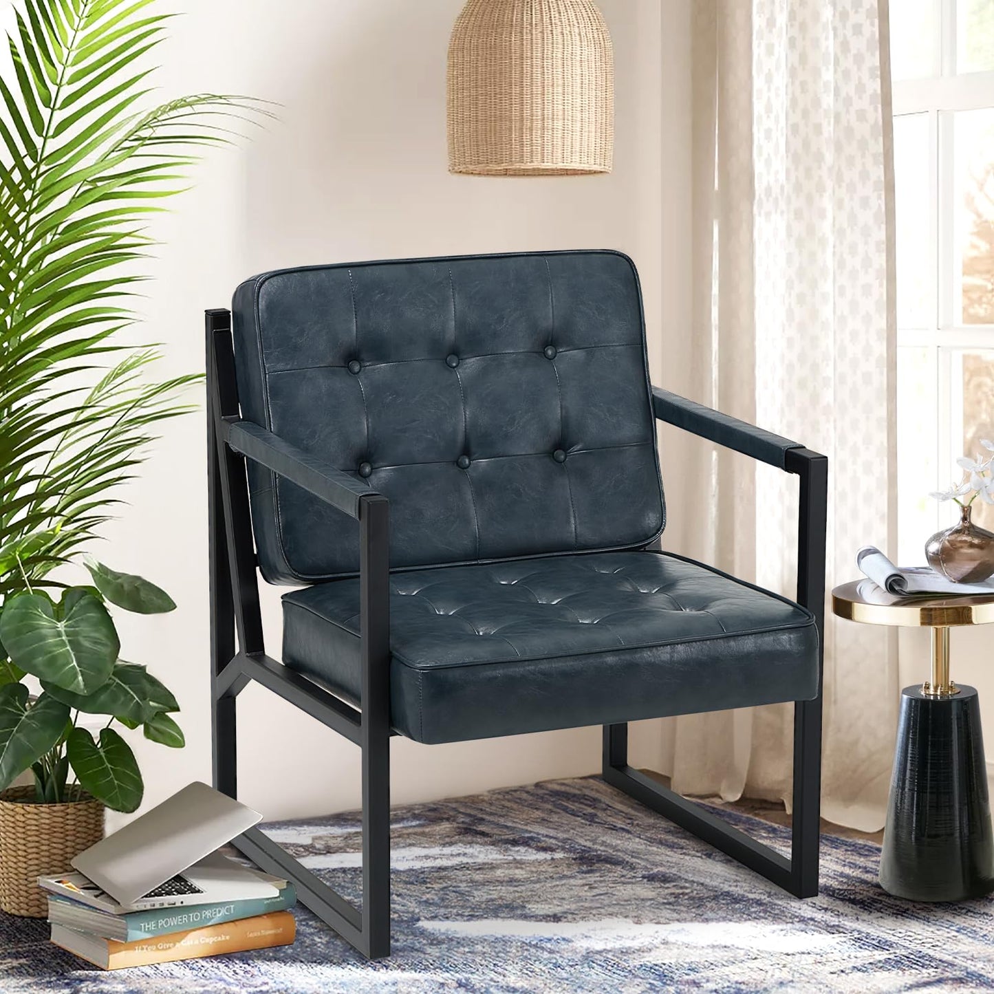 MALOL Mid Century Modern Accent Chair, Comfy Living Room Chairs, Brown Leather Accent Chair, Faux Leather Reception Armchair with Metal Legs for Living Room Bedroom Reception Waiting Room, Brown