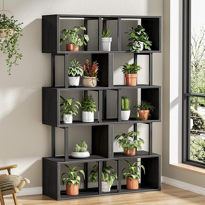 Furologee 6 Tier Bookshelf Tall Geometric Bookcase, S Shaped Industrial Display