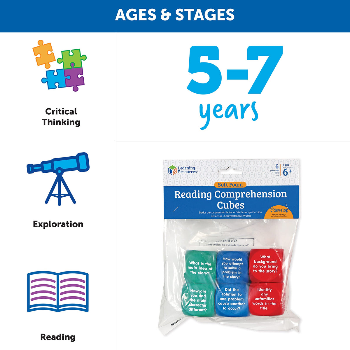 Learning Resources Reading Comprehension Cubes - Set of 6, Kids Ages 6+ Teacher and Classroom Supplies, Reading Aids for Kids
