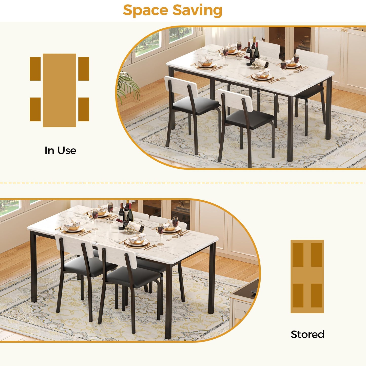 IRONCK 5-Piece 63" Extendable Dining Table with 4 Upholstered Chairs, Kitchen Table Set for 4-8 People, Dining Room Sets with MDF Wood Board, Drop Leaf Table Design for Space Saving, Marple White