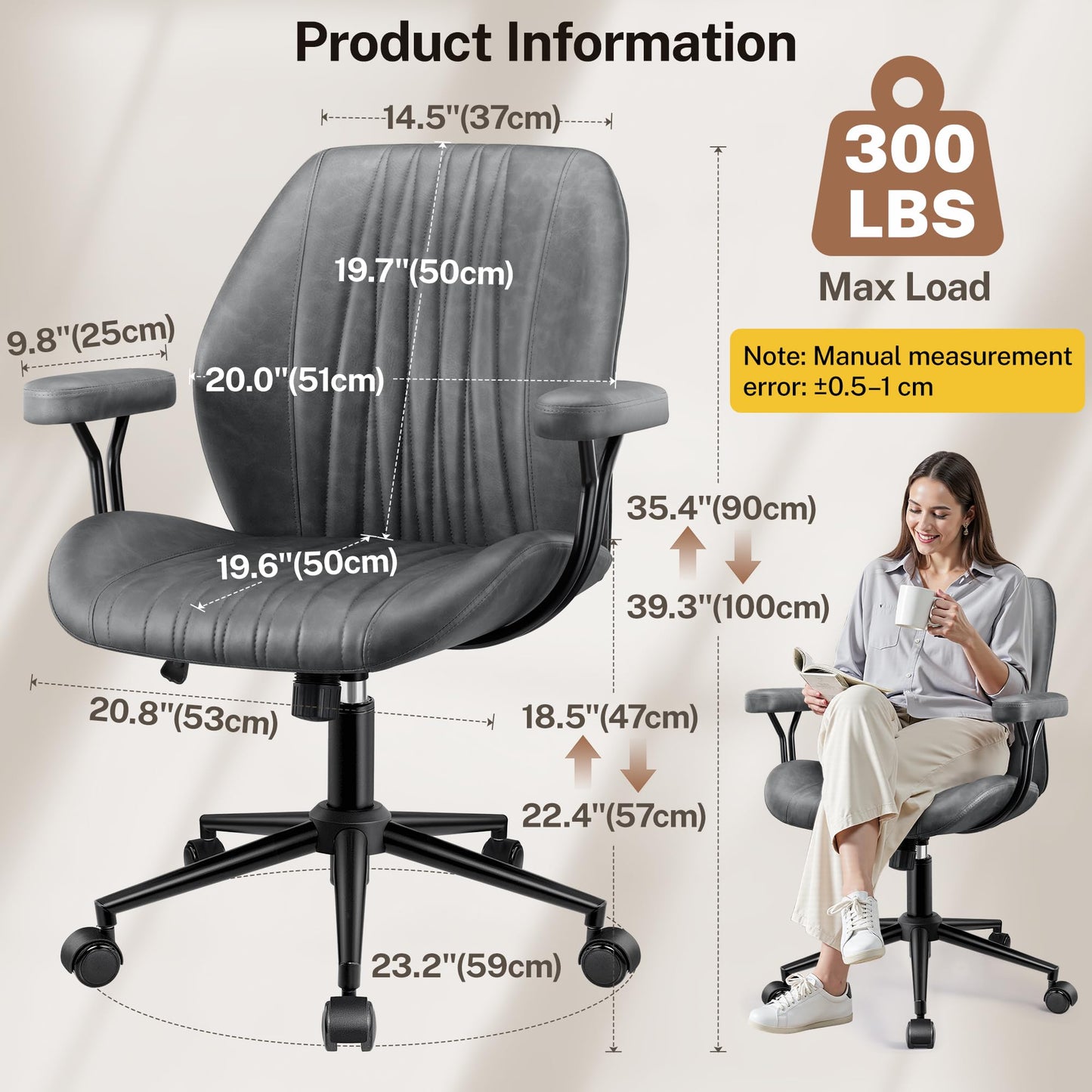 HeroSet Leather Office Chair with Removable Armrests, Mid Back Ergonomic Desk Chair with Lumbar Support, Adjustable Height Rocking Swivel Executive Chair for Home Office, Drak Gray