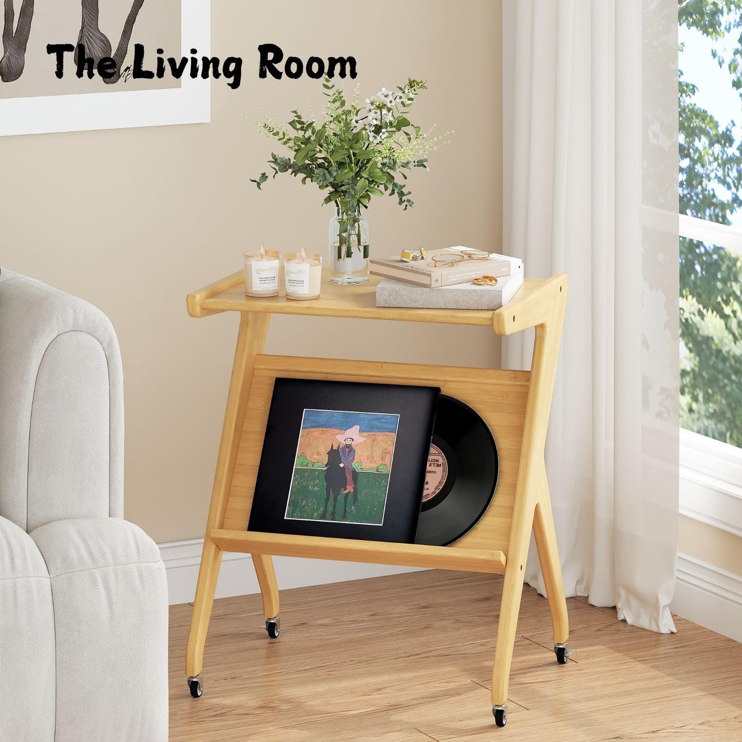 Auroral Zone Solid Wood 2-Tier Rolling Side Table with Lockable casters, Mobile Small End Table with Magazine Rack for Living Room, Bedroom & Sofa