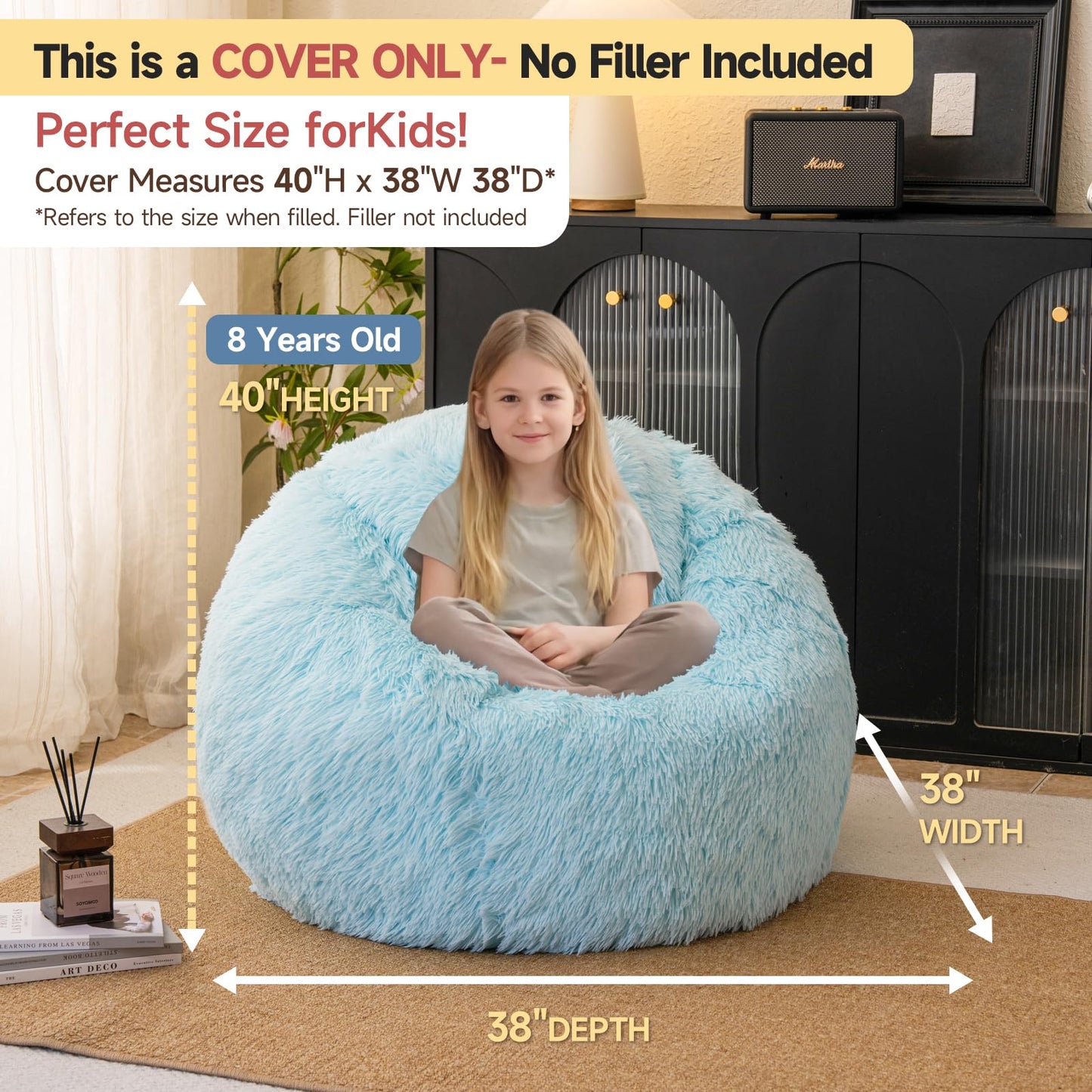 Blue plush bean bag chair covers (No Filler), comfy Furry Blue bean bag chair Cover for bedroom, stuffed animal Storage, kids adults teens girls bean bag chairs, Anti-Slip