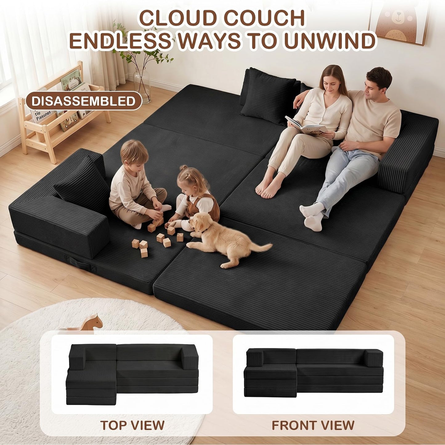 Ziydily Boneless Couches for Living Room, L Shaped Couch with Chaise, 4-in-1 Comfy Corduroy Fluffy Sofas, Mini Flexible Module Combination Compact Room Couch, No Assembly, Black