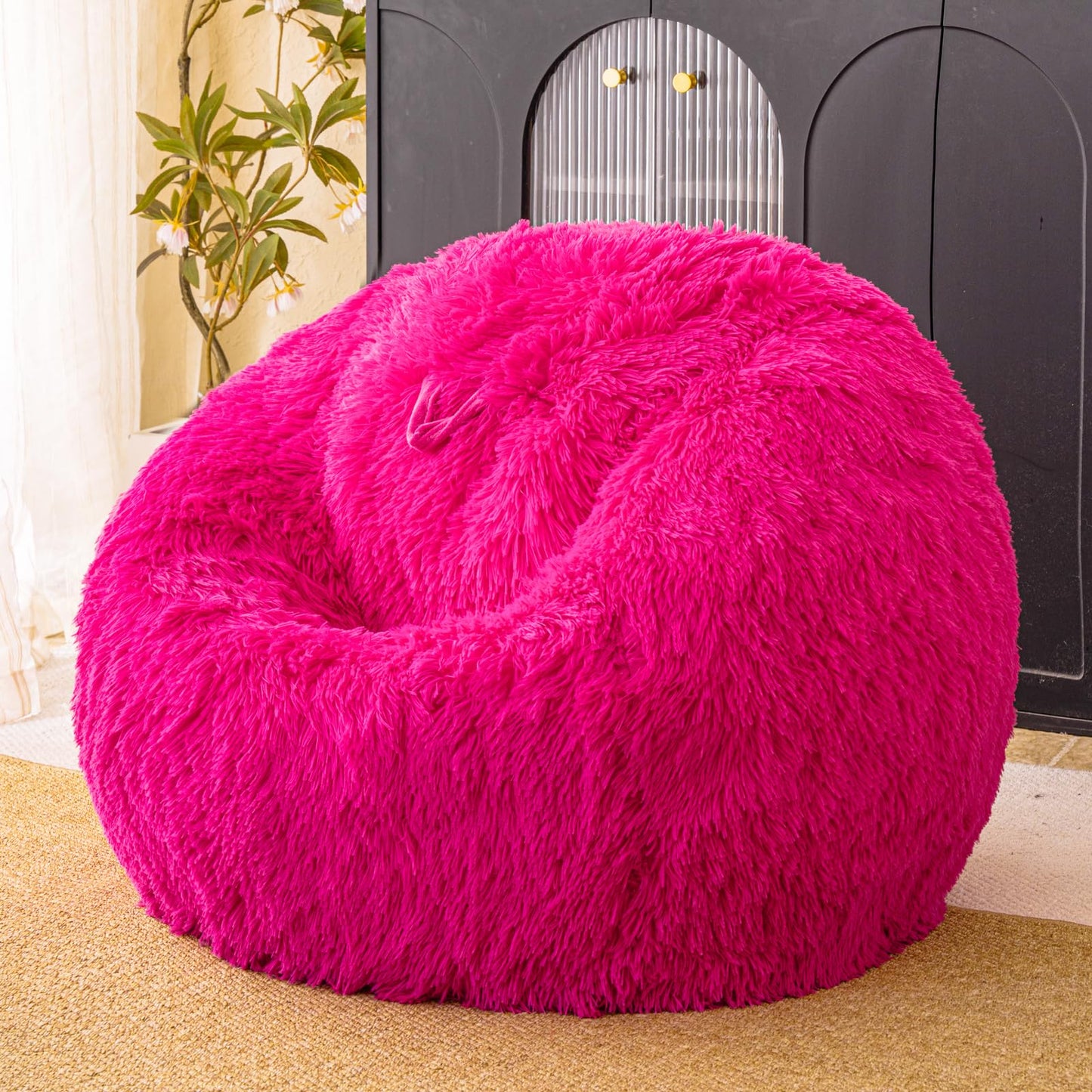 Hot Pink fluffy bean bag chair covers (No Filler), comfy Plush Hot Pink bean bag chair Cover for bedroom, stuffed animal Storage, kids adults teens girls bean bag chairs, Anti-Slip