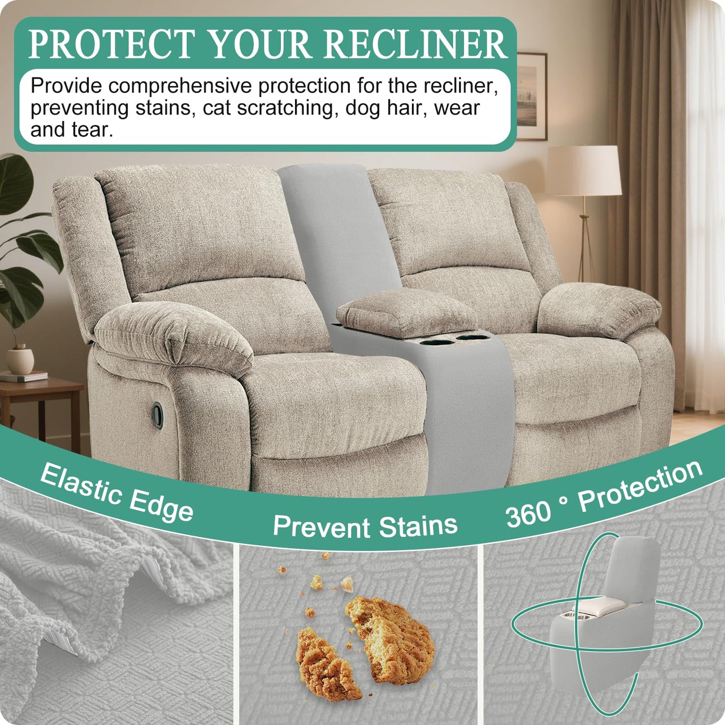 ROFASVCO Waterproof Reclining Sectional Couch Covers Washable L Shaped Couch Cover for Sectionals Recliner Sofa Covers Stretch Corner Recliner Slipcovers for Dogs (Console Cover, Silver Gray)