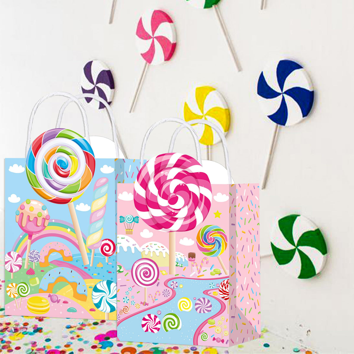 C L cooper life 12pcs Candyland Party Gift Treat Bags with Handles - Lollipop Themed Party Goodie Bags - Candyland Birthday Party Supplies