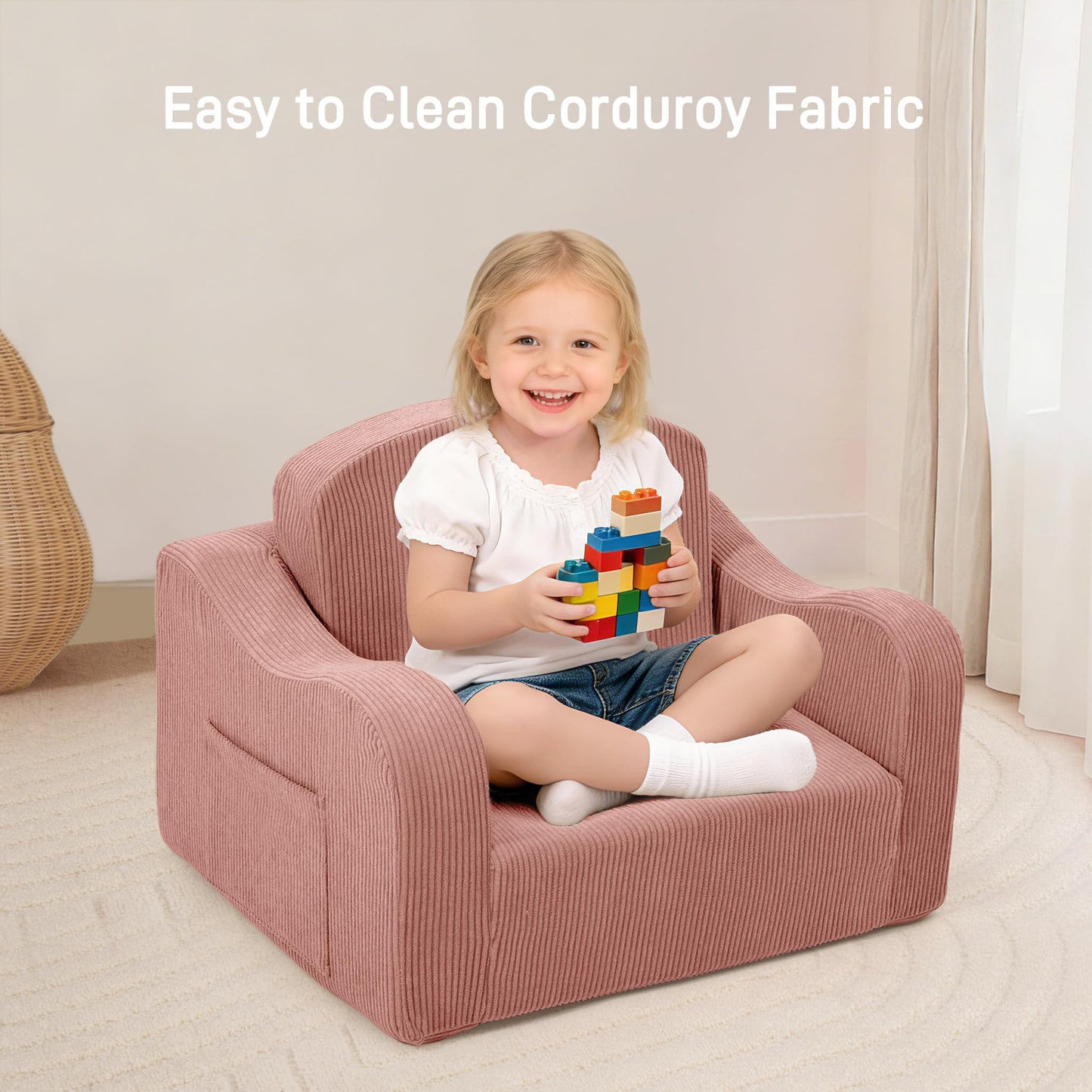 aodisman 2-in-1 Kids Chair and Couch, Thick Cozy Corduroy Kids Sofa, Convertible Foam Seating for Reading, Playing, Removable Washable Cover,Pink