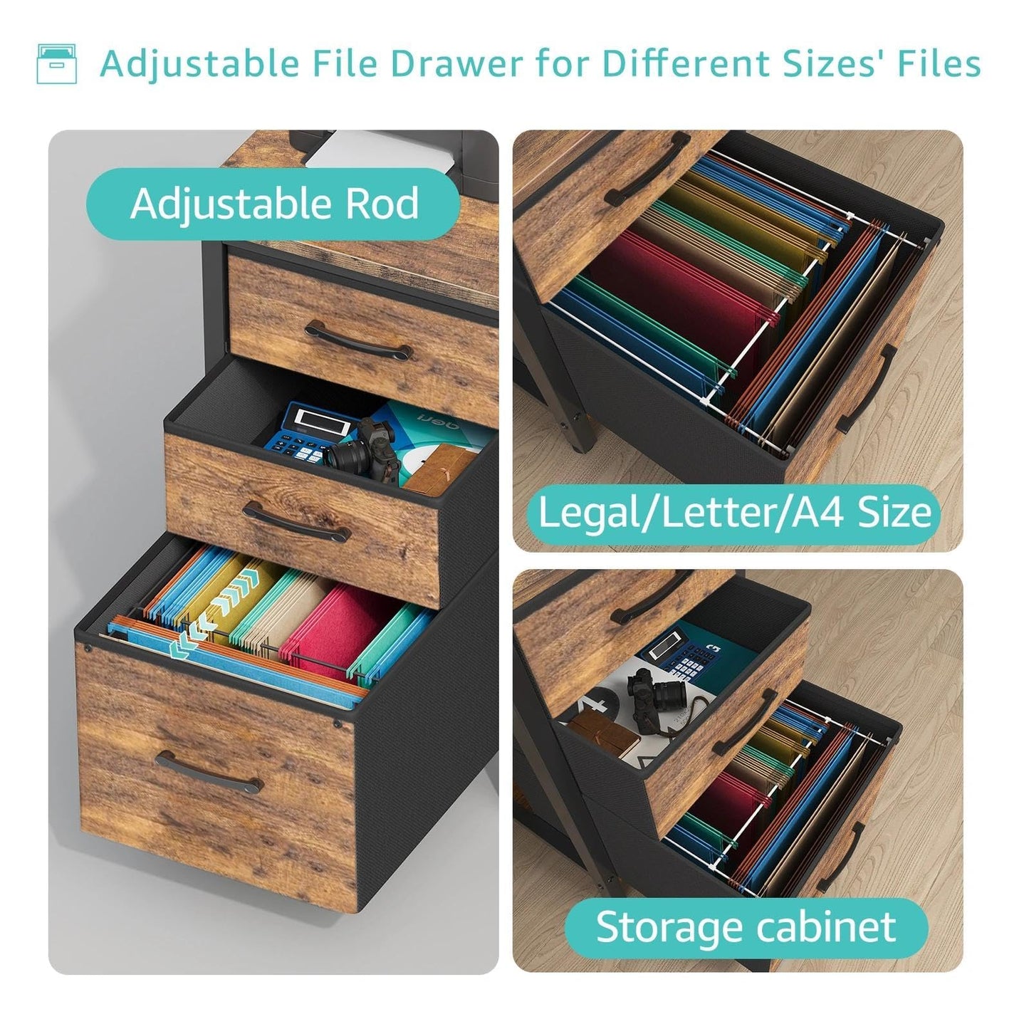 Lufeiya Computer Desk with Fabric File Drawers Cabinet, 55 Inch Reversible Home Office Desks with Filing Cabinet for Small Space, Study Writing Table PC Desks with Storage for Bedroom, Rustic Brown