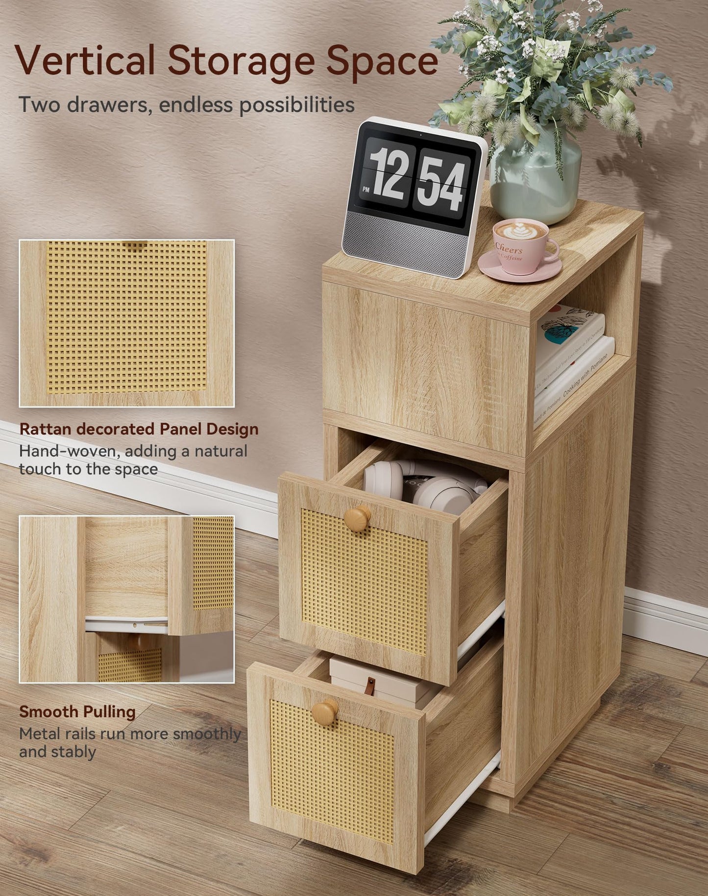 YMYNY Rattan Nightstands Set of 2, Boho Bedside Table with Open Shelf, 2 Drawers, 9.45" x 11.42" x 25.59", Narrow Side Table, Bedside Cabinet for Bedroom and Small Spaces, Natural UHST017N-2
