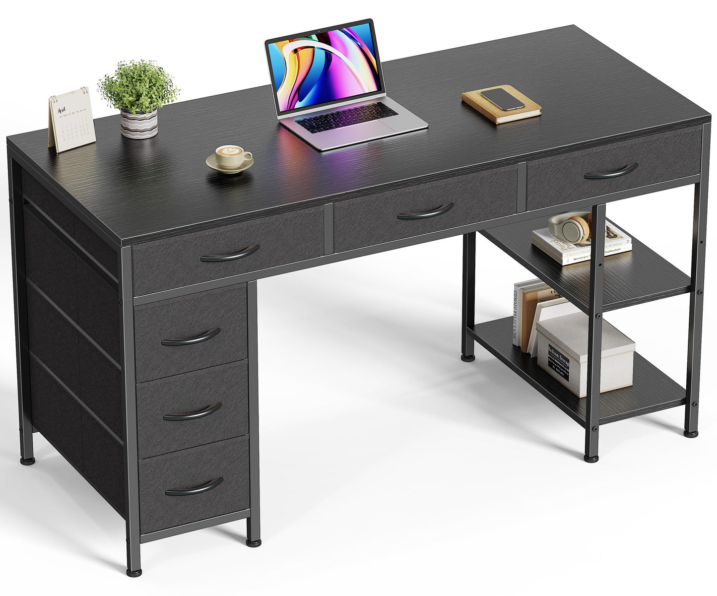 Huuger Computer Desk with 6 Drawers, Office Desk with Shelves, Reversible Gaming Desk, Corner Desk with Storage, Work for Home Office, Study, Living Room, 47inch, Black