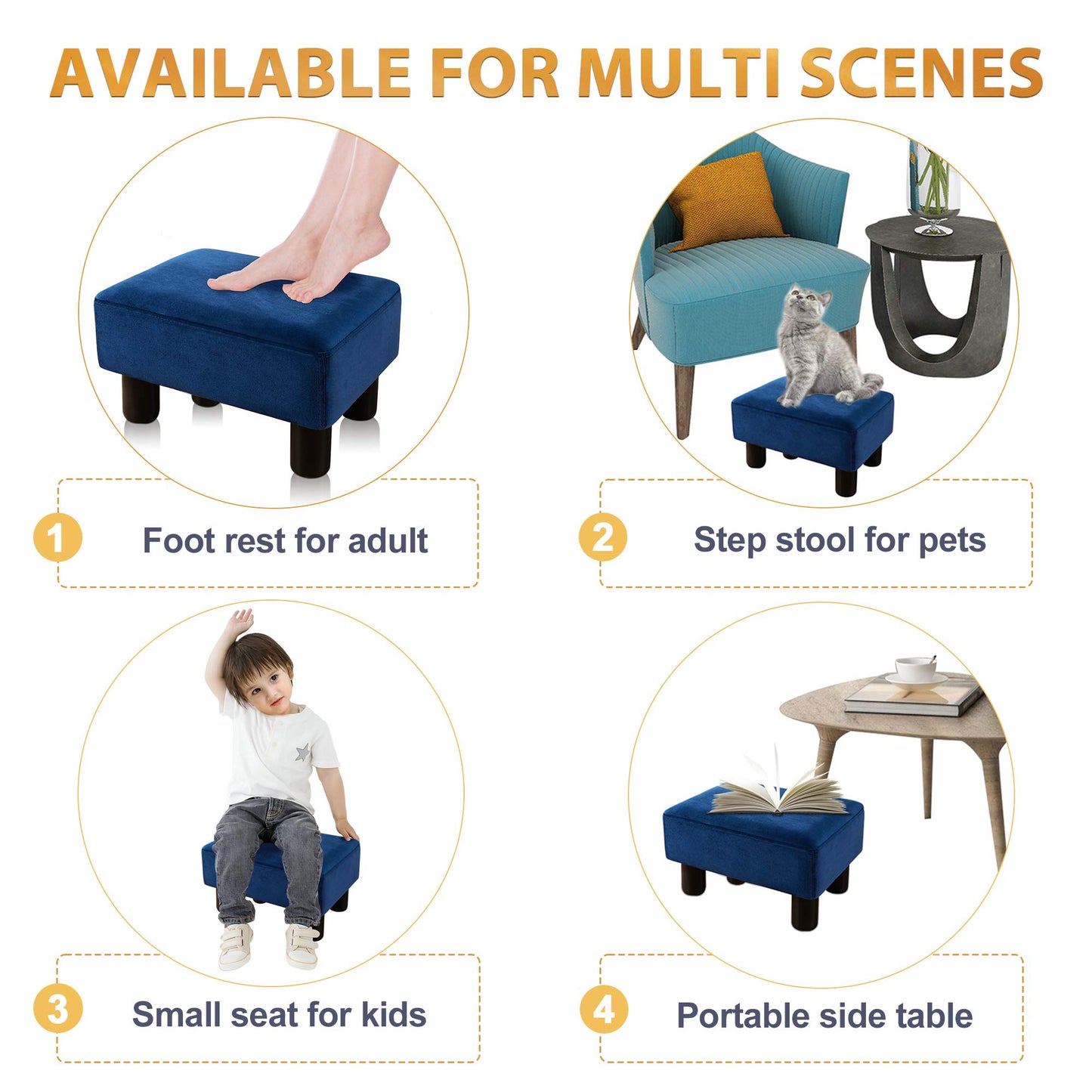 LUE BONA Small Foot Stool, Velvet Fabric Footrest Ottoman Stool with Non-Skid Plastic Legs, Rectangle Footstool Step for Couch, Desk, Office, Living Room, Navy