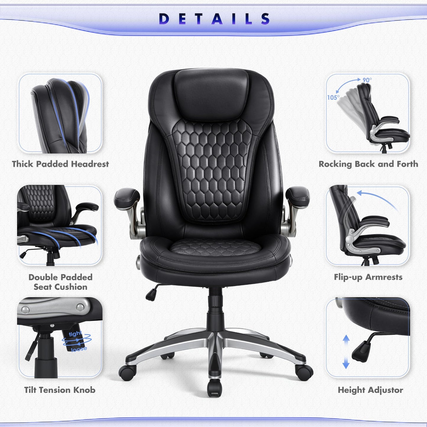 COLAMY High Back Executive Office Chairs,Ergonomic PU Leather Desk Chairs with Flip-Up Armrests, Adjustable Height, Lumbar Support,Comfortable Computer Chairs for Home Office,Set of 2