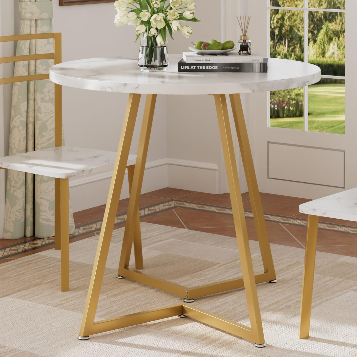 VECELO Round Dining Room Table with Wood Grain Tabletop and Steel Frame, for Kitchen, Living Room, Office, Conference, 2 to 4 Person, White & Gold
