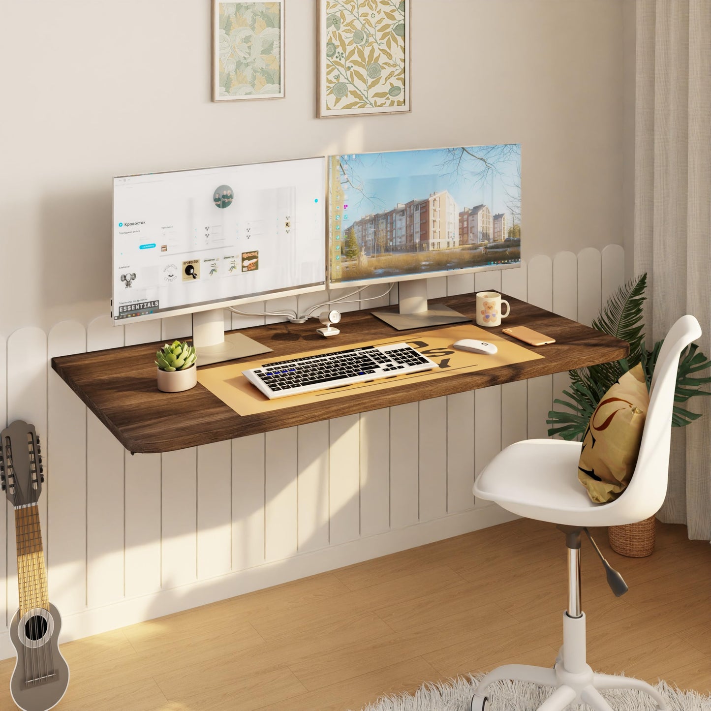 IAE Wall Mounted Floating Foldable Desk, 36" x 22" Folding Computer Workstation Table with Engineered Wood and Metal Shelf Brackets,Fold&Floating Design for Home Office, Apartment,Laundry Room,Walnut