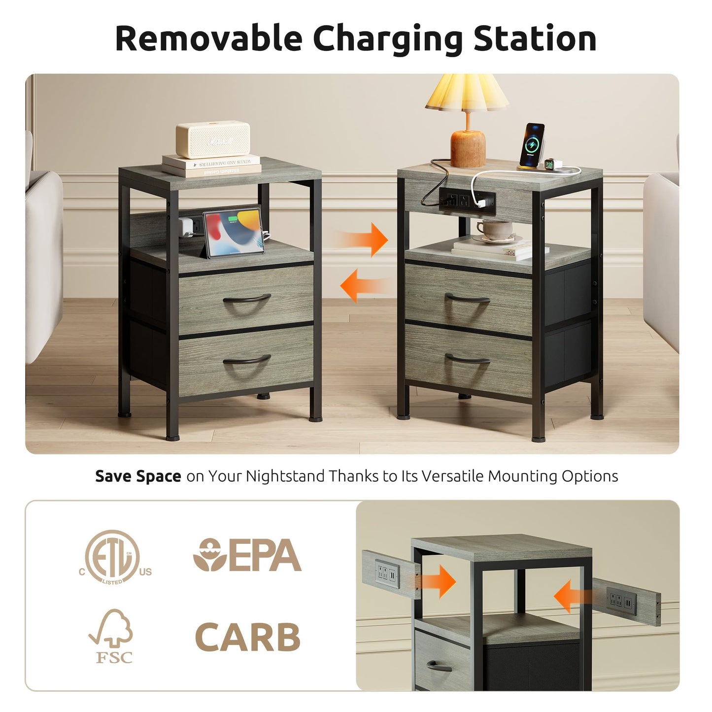 Lazzanto NightStand Bedside Charging Table Bedroom - Night Stand with Charger Station, Modern Nightstand with Open Shelf & 2 Fabric Drawers, End Table with USB-C USB Ports & AC Outlets for Dorm, Grey