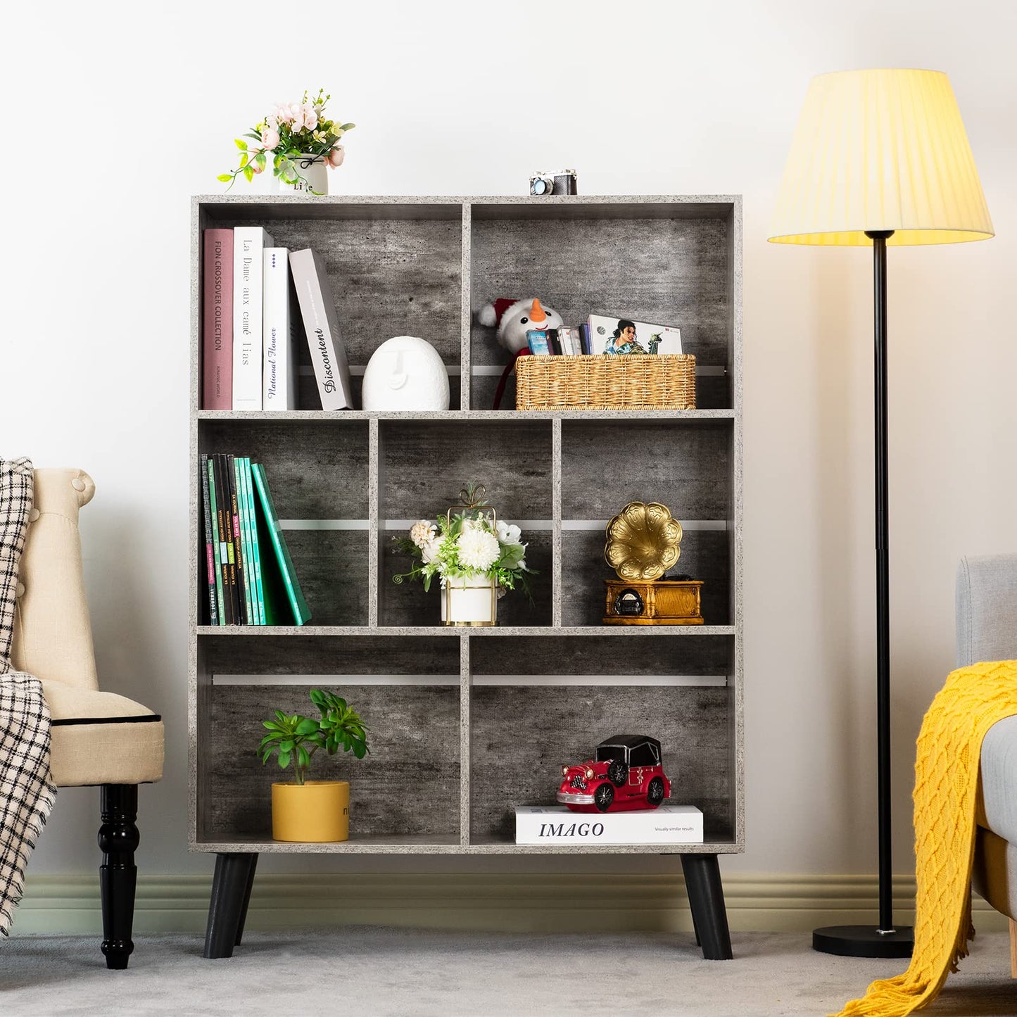 LEYAOYAO Bookshelf Cube Storage Organizer,3 Tier Bookcase with Legs,Modern Wood Open Shelf,Dirty Grey Bookshelves,Free Standing Display Short Book Shelves for Narrow Space,Bedroom,Living Room,Office