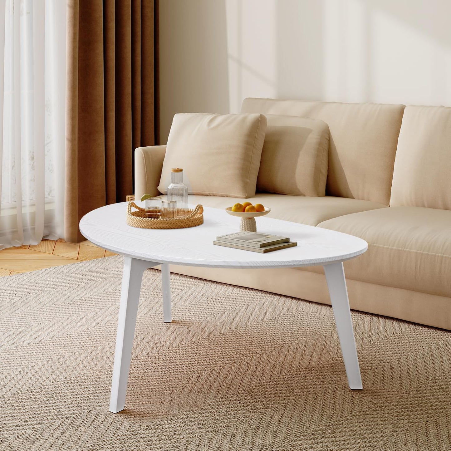 White Oval Coffee Table for Small Space,Mid Century Modern Coffee Table for Living Room, Bedroom 19" D x 34" W x 16" H