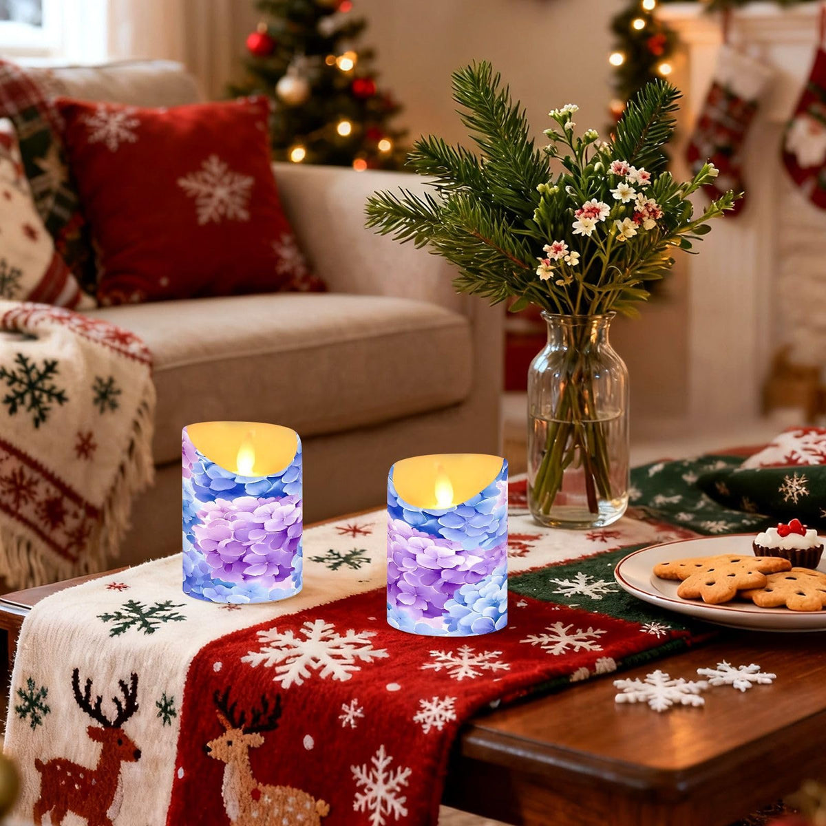 ALAZA Hydrangeas Flickering Flameless Candles Battery Operated with Remote Timer,Tea Light Candles LED Pillar Votive Set of 2 for Outdoor Indoor Decorations 3" x3.9"