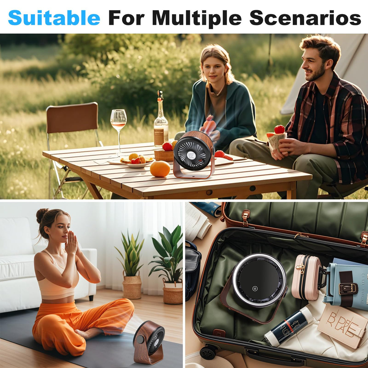 Small Desk Fan 5000mAh Rechargeable Battery Powered -Retro Low Noise Quiet Portable Gentle Blowing with LED Night Light Office Bedroom Table Top Wall Hanging Kitchen Camping Dorm 5-Speed 360° Rotation