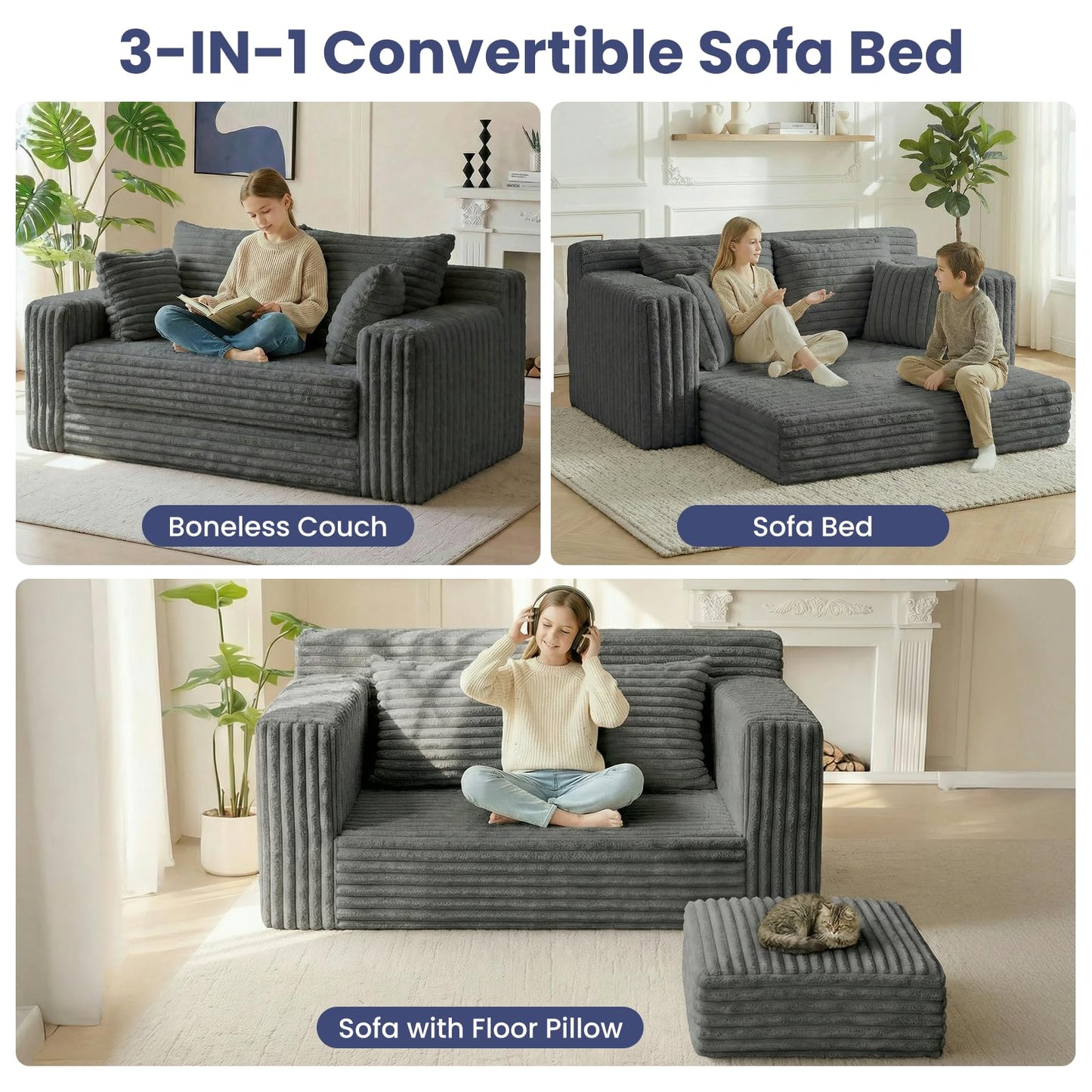 3-in-1 Convertible Sofa Bed: Boneless Loveseat Sleeper & Folding Couch Bed with 4 Pillows & Detachable Cushion, Furry Futon Couch for Bedroom, Apartment, Office and Living Room, No Assembly, Grey