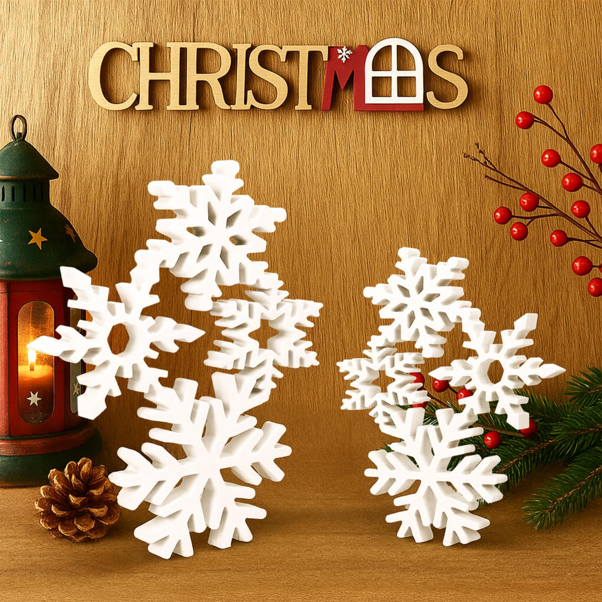 Thyle 2 Sets Christmas Wooden Snowflake Decorations 12.2 Inches 9.5 Inches 3D Winter White Snowflake Tabletop Sign Wonderland Wood Blocks for Xmas Centerpiece Farmhouse Rustic Home Decor