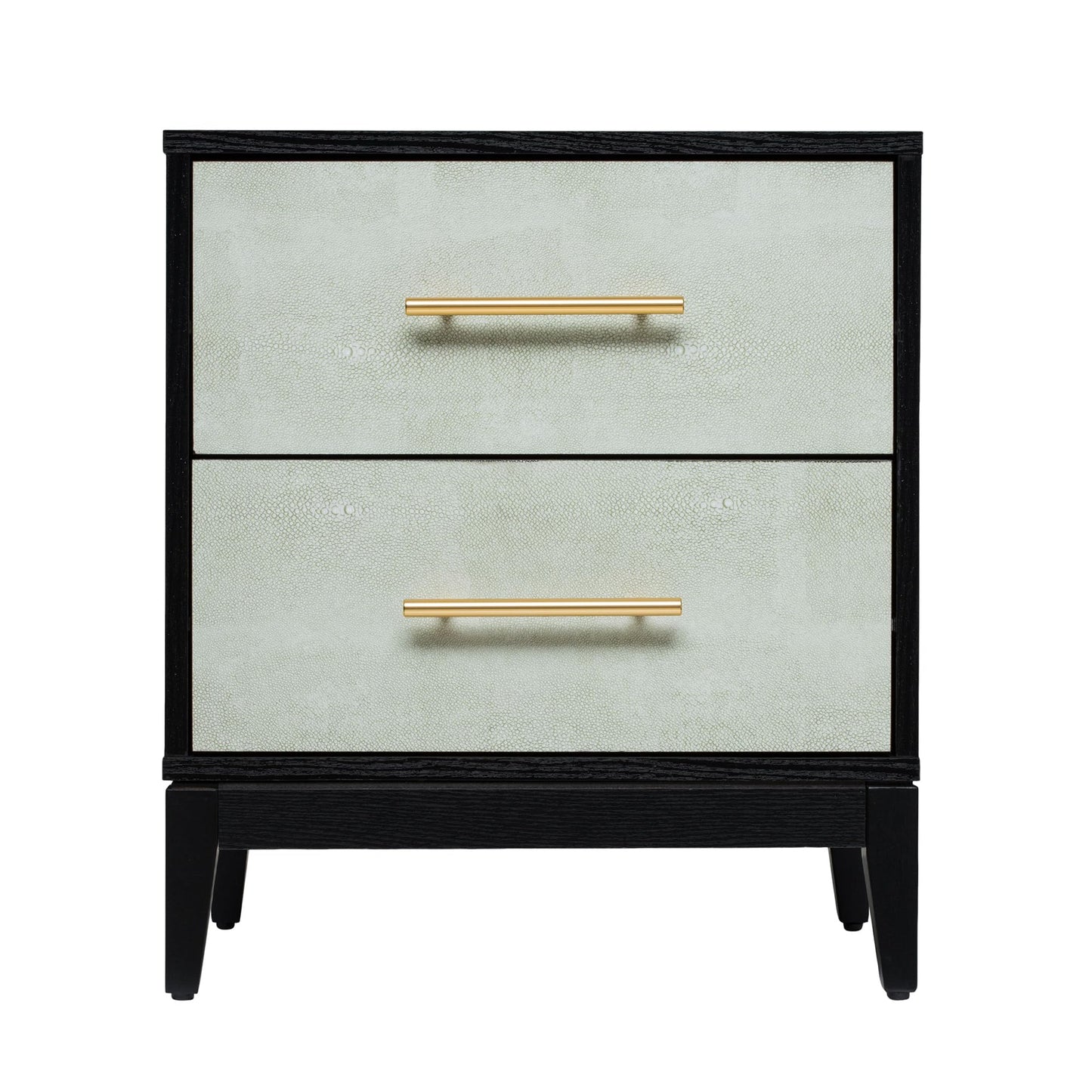 SANGO Shagreen 2-Drawer Nightstand, Modern Black Bedside Table with Gray Faux Shagreen Drawer Fronts, Brass Handles, Sturdy Legs, Elegant Storage for Contemporary & Luxury Homes