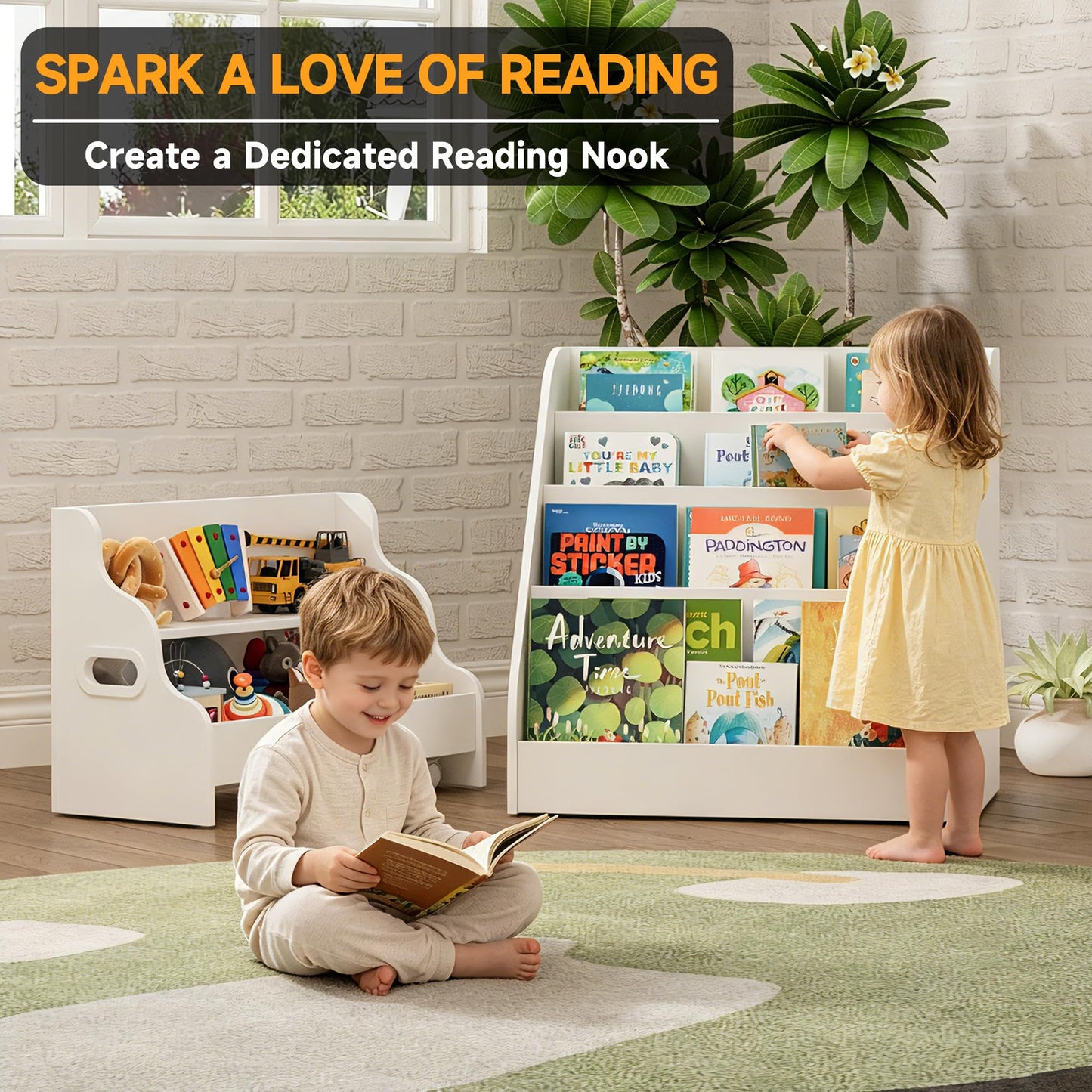 2-in-1 Montessori Kids Bookshelf - Toddler Nursery 4 Tier Wooden Kids Book Shelf, Display Book Shelf for Kids Rooms, Children Bookcasewith Toy Rolling Cart, for Toddler Nursery, Playroom & Classroom
