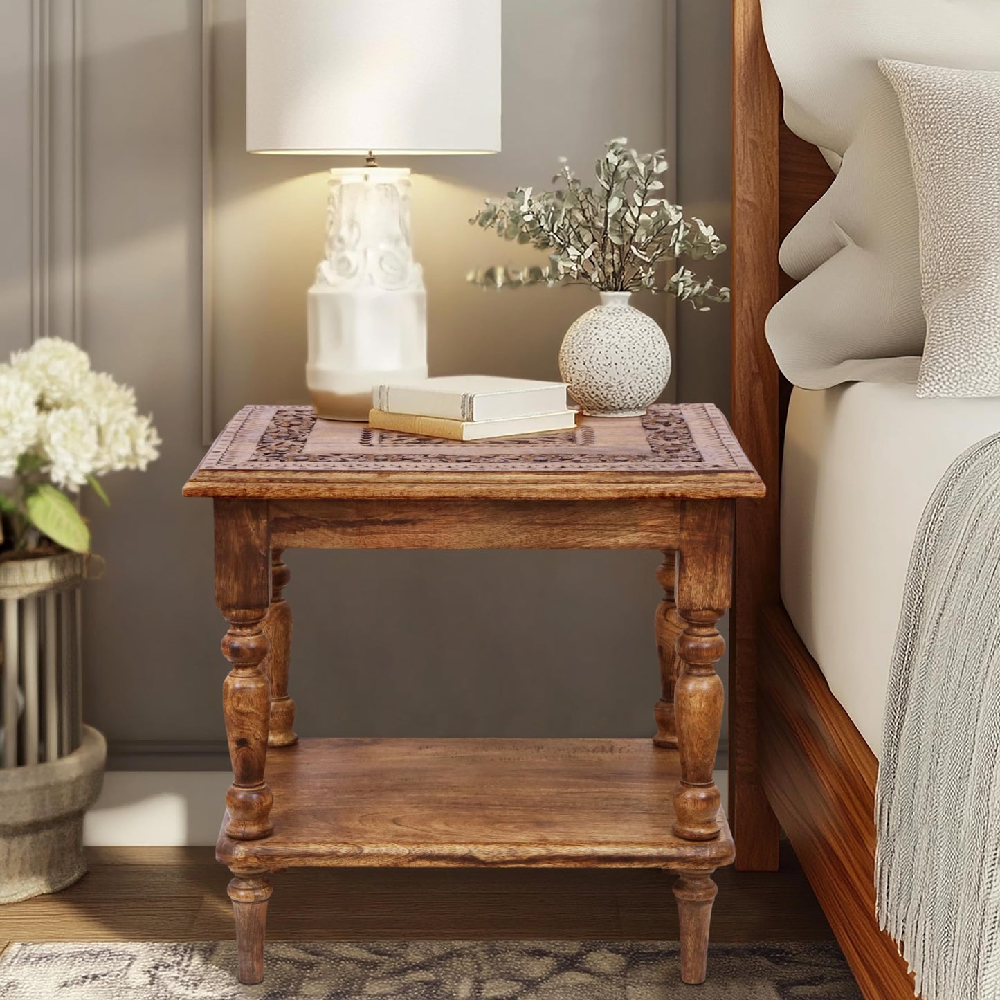 COTTON CRAFT Solid Wood End Table - Hand Carved Vintage Farmhouse Boho Side Table with Bottom Shelf - Small Spaces Entryway Living Room Bedside - No Tools Assembly - 21x16x18 - Brown