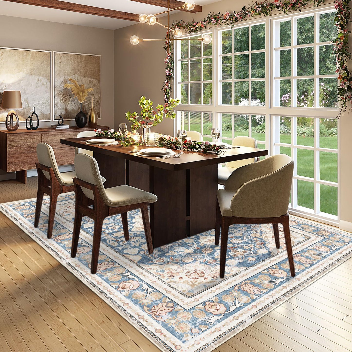 Vhong Boho Area Rugs Washable Vintage Modern Neutral Large Carpet Blue 5×7 High Traffic Rugs for Dinning Room Living Room Bedroom Farmhouse Non Slip