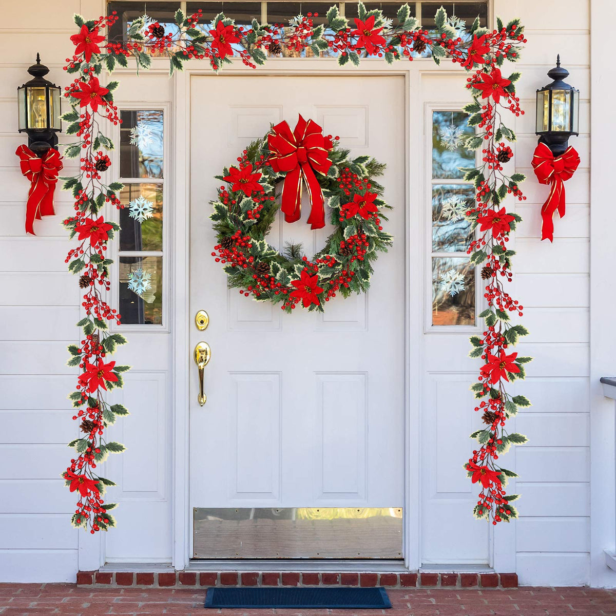 Mocoosy 6.3FT Red Berry Garland with Poinsettia, Artificial Christmas Holly Berry Vine, Winter Berry Christmas Decorations Indoor Outdoor Mantle Fireplace Window Door Hanging Holiday Xmas Home Decor