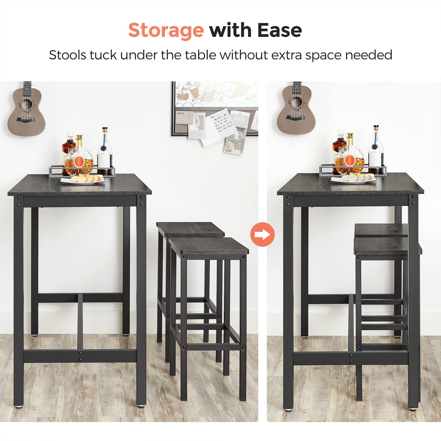 VASAGLE Bar Stools Set of 2, Bar Chairs, Kitchen Breakfast Bar Stools with Footrest, 25.6 Inch Tall, Industrial in Living Room, Party Room, Charcoal Gray and Black ULBC065B04
